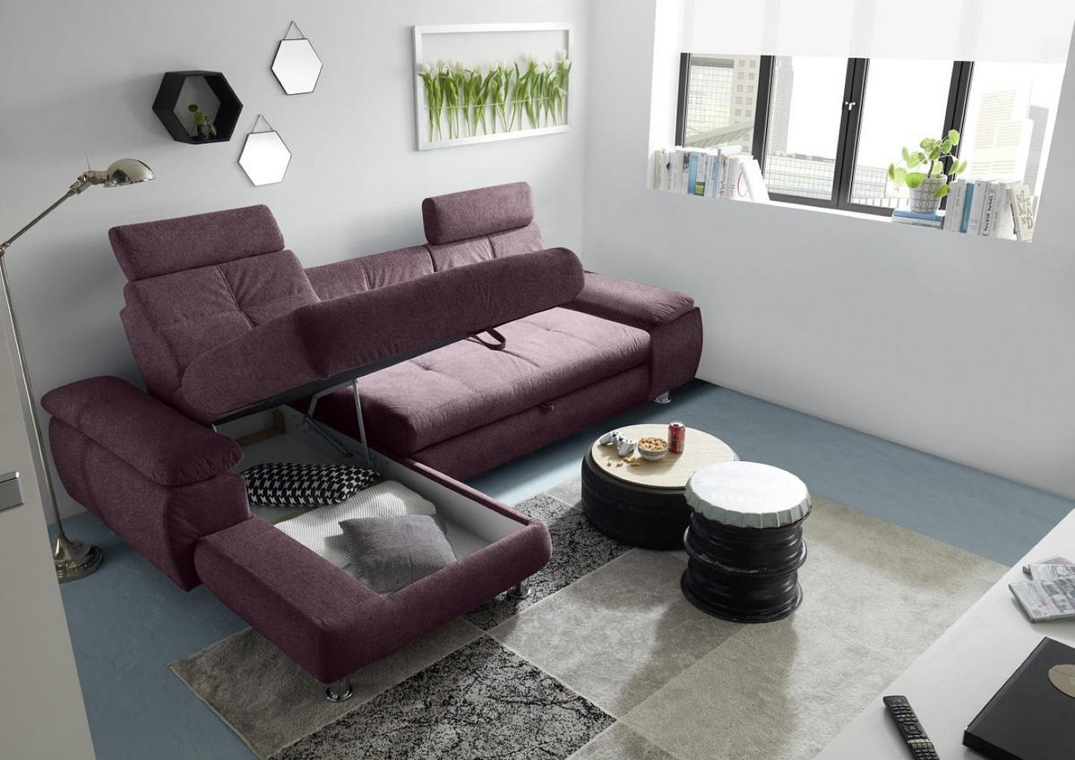 ECKSOFA mit Schlaffunktion und Bettkasten, Brego-Stoff - Chromfarben/Rot, Textil/Metall (274/177cm) - ed exciting design