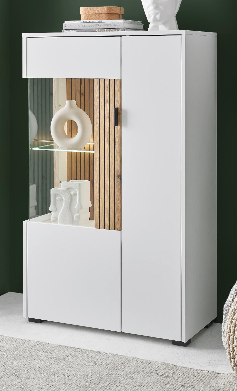 VITRINE weiß matt, Eiche 75 x 125 cm, Stauraumvitrine mit Soft-Close - Eichefarben/Schwarz, Glas/Holzwerkstoff (75/125/38cm) - Furn.Design