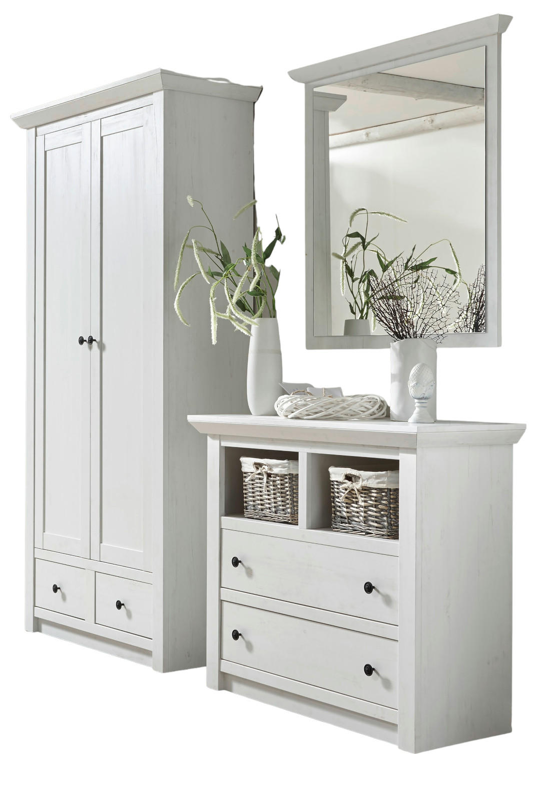 GARDEROBE Pinie weiß Set 3-teilig 220 cm, Garderobenkombination Landhaus - Schwarz/Weiß, Holzwerkstoff/Metall (220/206/45cm) - Furn.Design