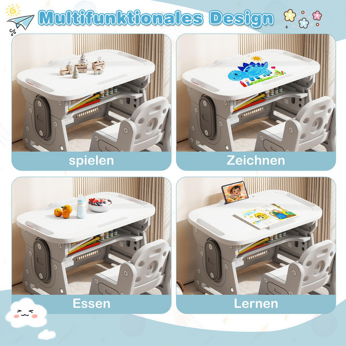 KINDERTISCH-STUHL-SET mit Höhenverstellung grau(2-tlg) - Grau, Kunststoff (80/49/50cm) - COSTWAY