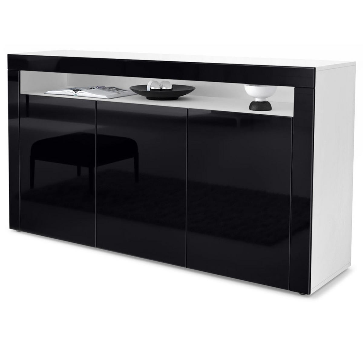 SIDEBOARD Valencia Schwarz Hochglanz / Schwarz Hochglanz - Schwarz Hochglanz, Holzwerkstoff (155/92/40cm) - Vladon