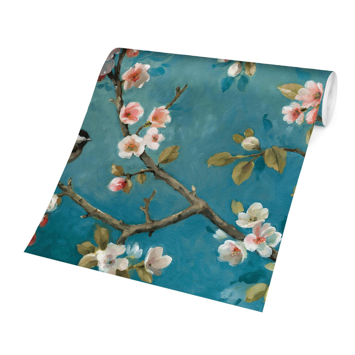 FOTOTAPETE Kirschblütenzweige auf Blau 240/240 cm - Rosa, Papier (240/240cm) - Bilderwelten