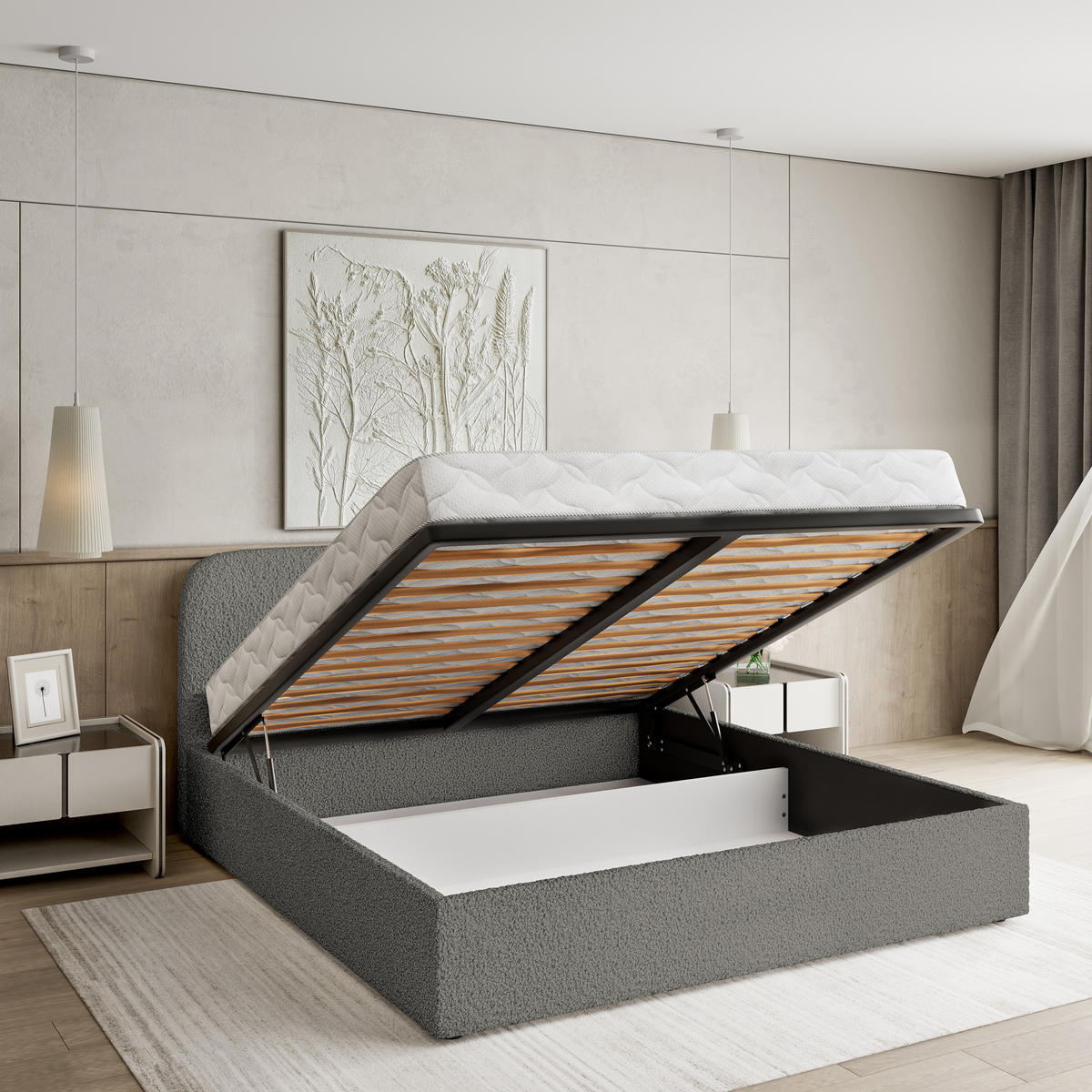 POLSTERBETT RENIVE Q 120x200 cm mit Bettkästen - Grau - Grau, Holz/Textil - MASSENO