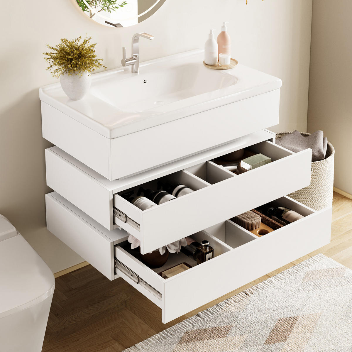 BADEZIMMERSCHRANK Wandmontiert LED Keramik Waschbecken Weiß - Weiß, Holzwerkstoff (81/57/47.5cm) - FLIEKS