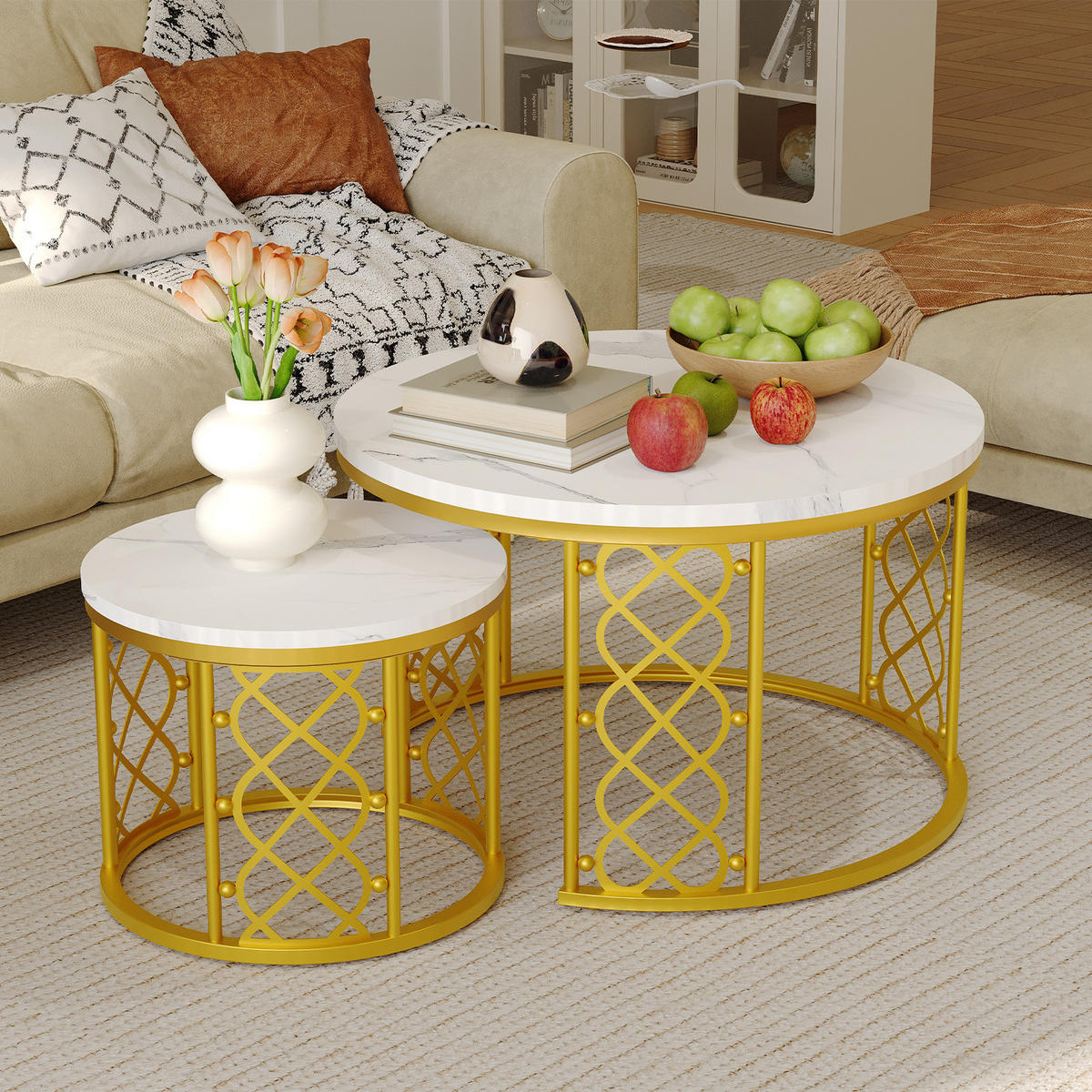 COUCHTISCH 2-teiliges Set 70/70/45 cm und 45/45/37 cm Weiß und Gold Stapelbar mit Stahlrahmen - Goldfarben/Weiß, Holzwerkstoff (70/70/45cm) - OKWISH