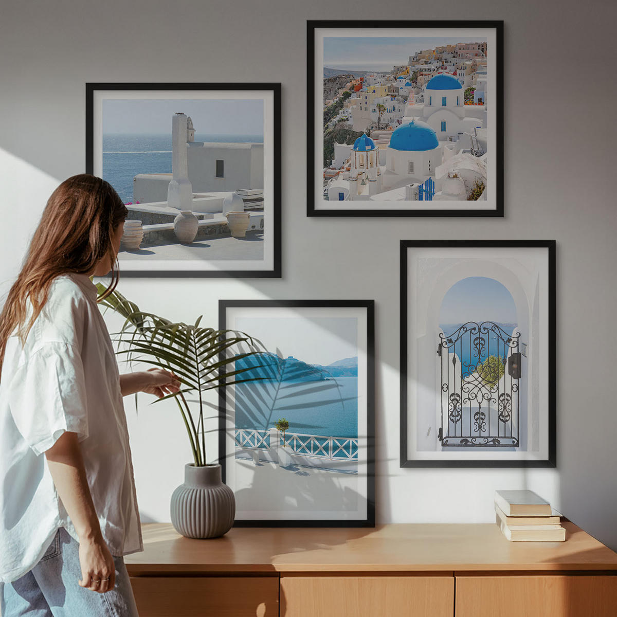 WANDBILDER 4er-Set - 50x50 cm & 40x60 cm Schwarzer Rahmen - Gebäude am Weißen Meer, Griechenland - Schwarz, Kunststoff (50/50cm) - ArtPrintCave