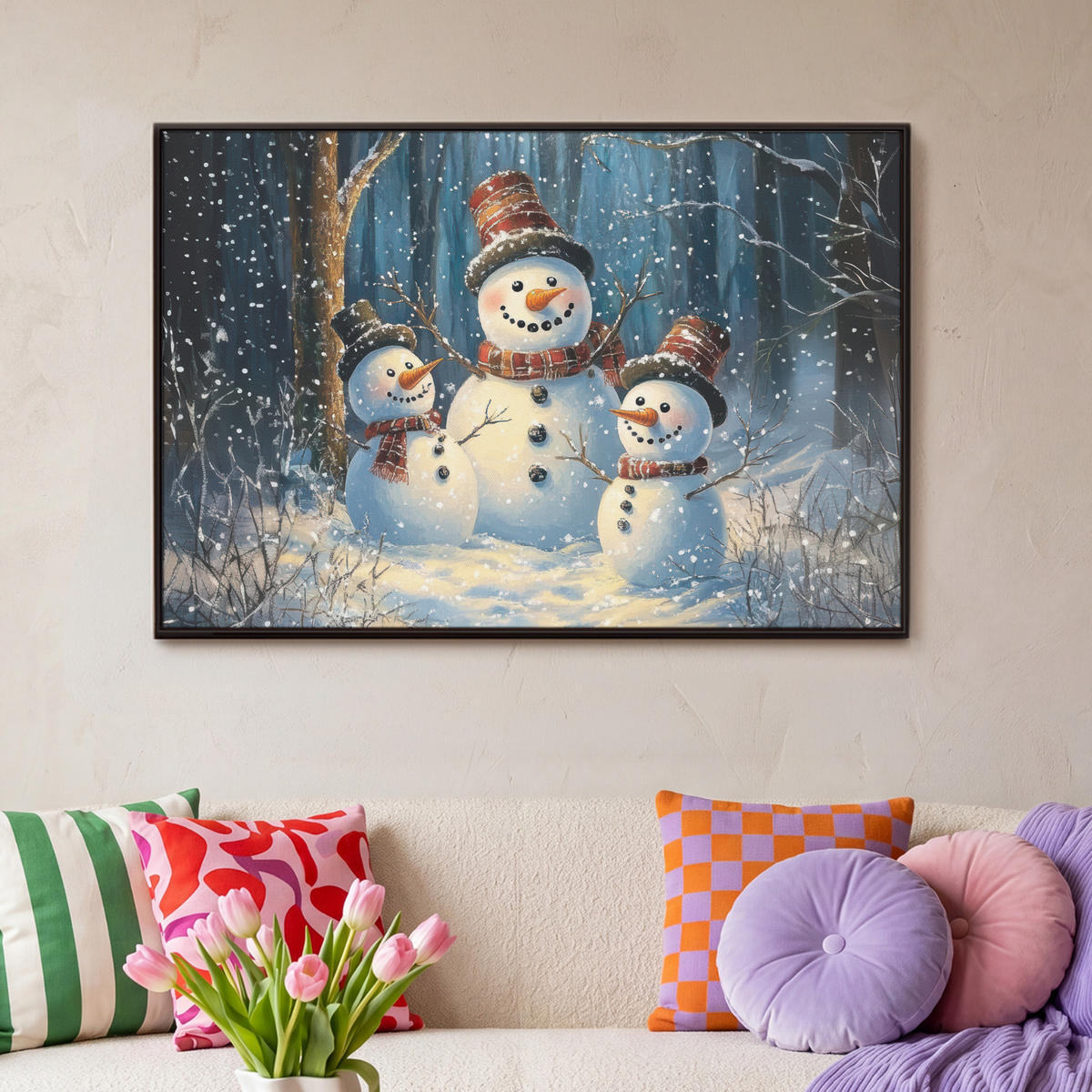 LEINWAND Bilder mit Rahmen - Schneemann - Schnee - Winter - Wald - 90x60 - Hellblau, Textil (90/60cm) - MuchoWow