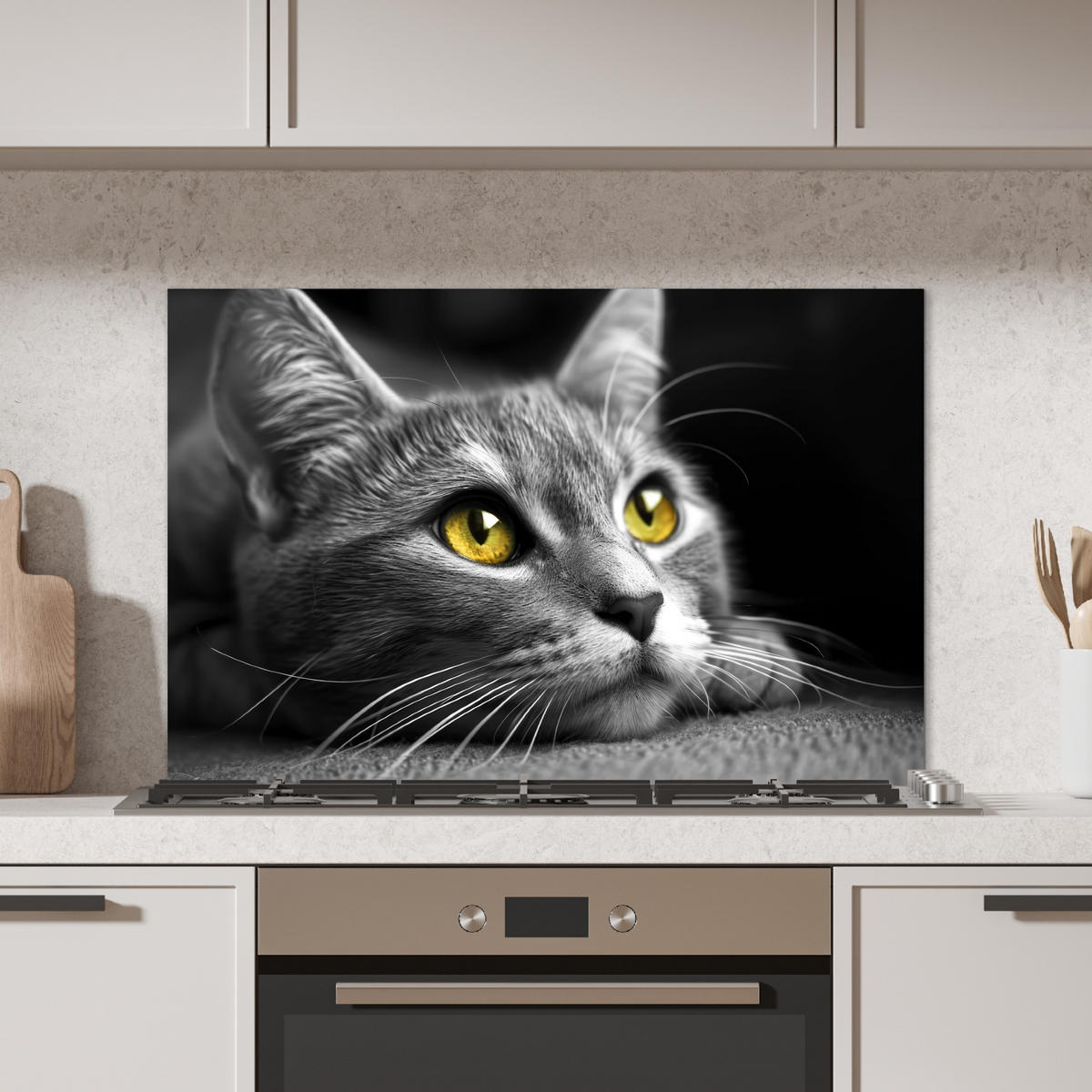 SPRITZSCHUTZ KÜCHE Katze - Grau - Tiere - Katze 80x55 cm - Grau, Metall (80/0.3/55cm) - MuchoWow