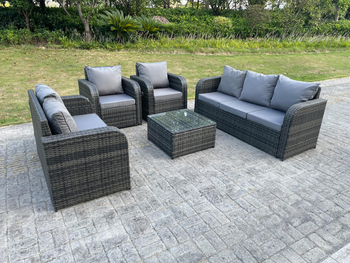 GARTENMÖBEL SET MIT LIEGESTUHL 3 SITZER SOFA Polyrattan Outdoor 9-Sitzer - Dunkelgrau/Grau, Glas/Kunststoff - Fimous