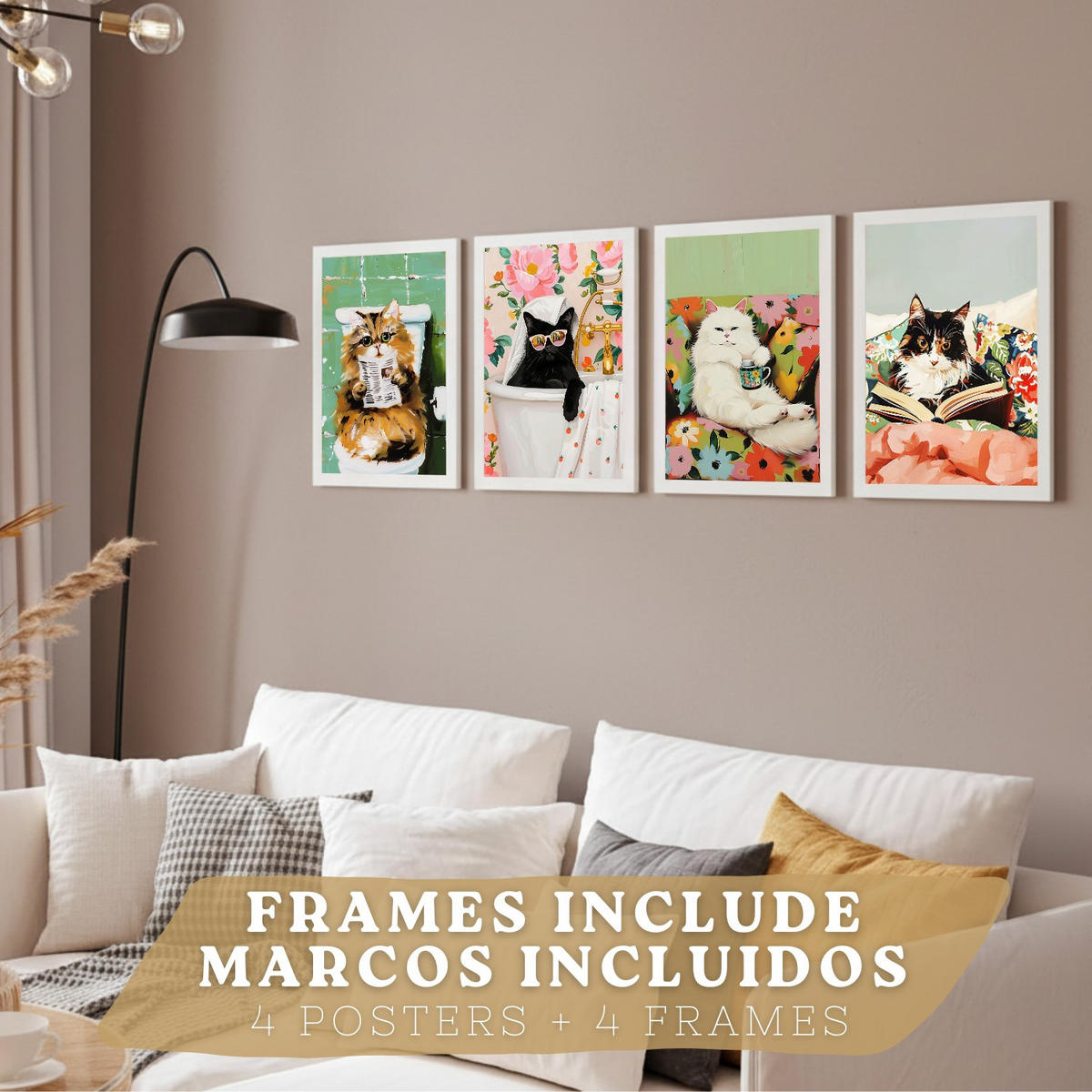 PLAKAT Sada 4 Kočky A4 Bílý rám - bílá, papír (29.7/1/21cm) - Nacnic
