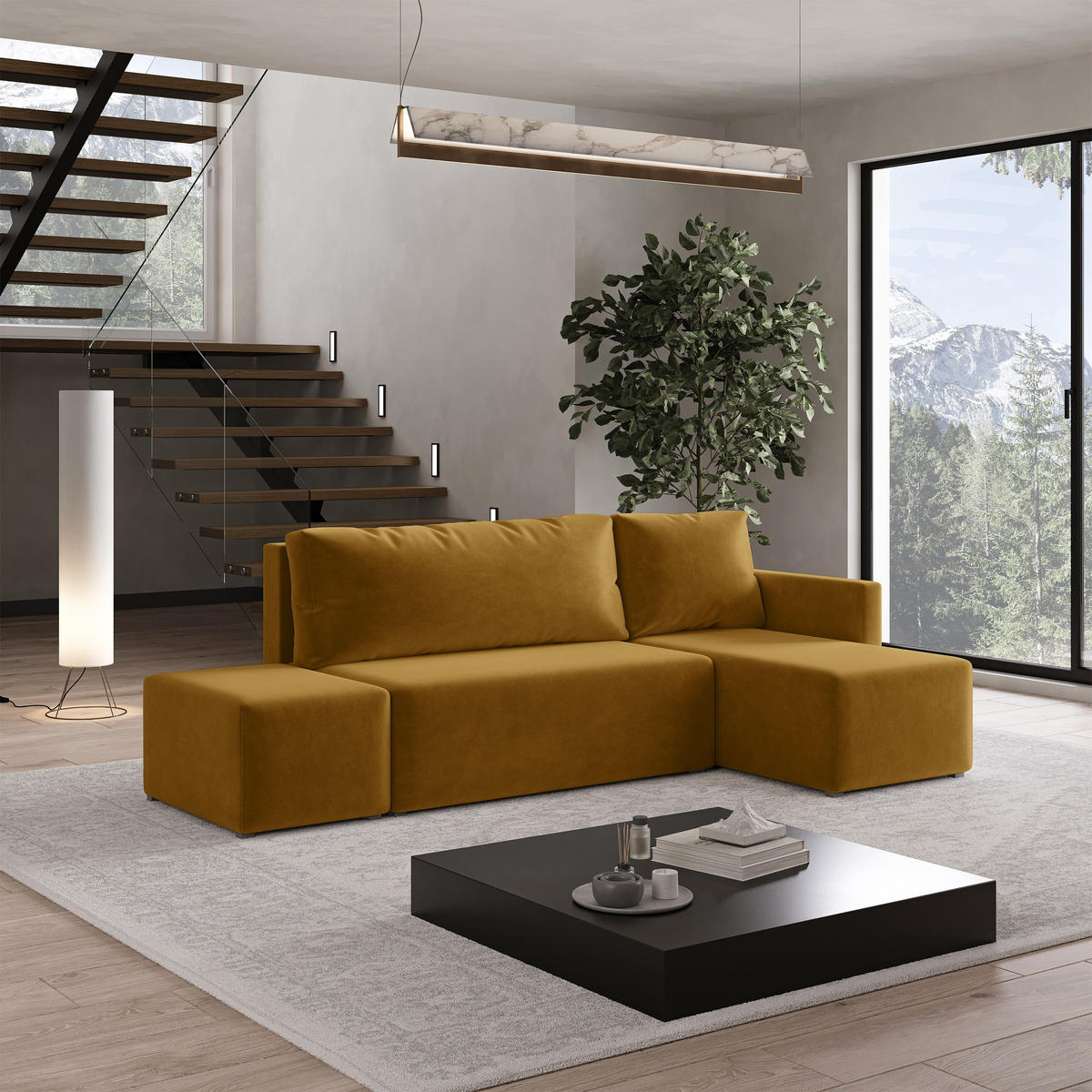 ECKSOFA VELOTTI R-S Gelb Plüsch-Stoff mit Schlaffunktion - Gelb, Holz (261/143cm) - MASSENO