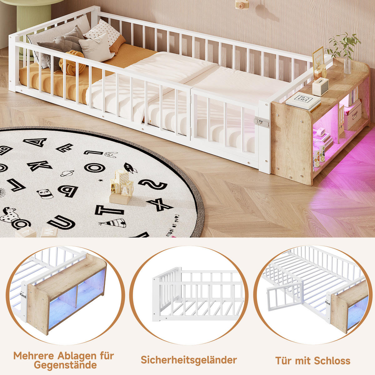 KINDERBETT 90/200 cm mit Schutzgeländer, offenem Staufach und LED-Beleuchtung, Metall/MDF, Weiß - Weiß, Holzwerkstoff (90/200cm) - Redom