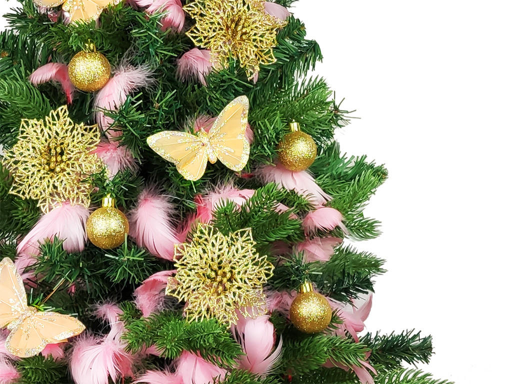 WEIHNACHTSBAUM künstlicher 60 cm mit LED-Beleuchtung, LUXUSMOMENT, mit 29 Weihnachtsbaumschmuck, Pflanztopf mit Jutesack - Champagner/Pink, Kunststoff/Stein (40/60cm) - LAALU