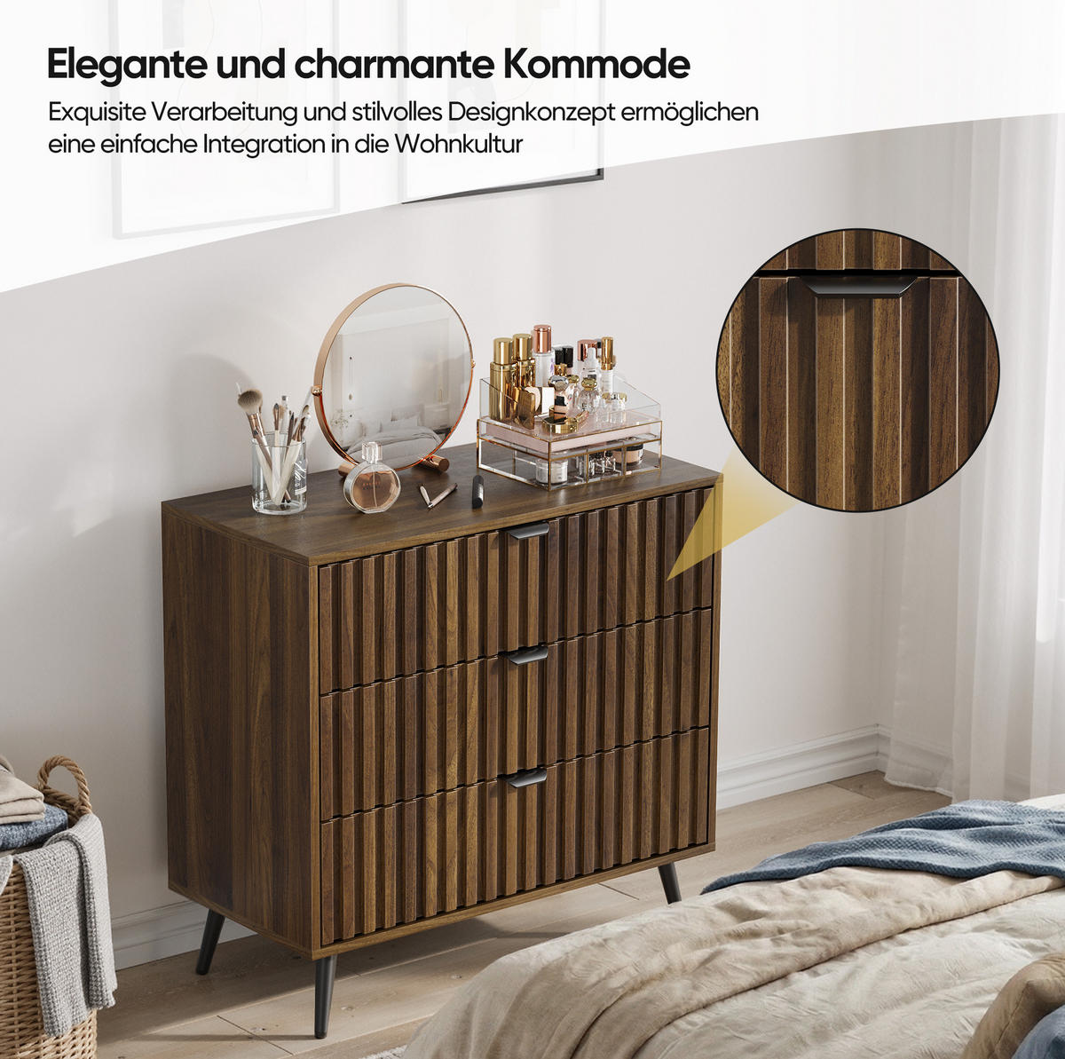 KOMMODE 80/39/78 cm aus MDF mit 3 Schubladen und Metallbeinen Walnuss - Walnussfarben, Holzwerkstoff (80/78/38cm) - Modenvie