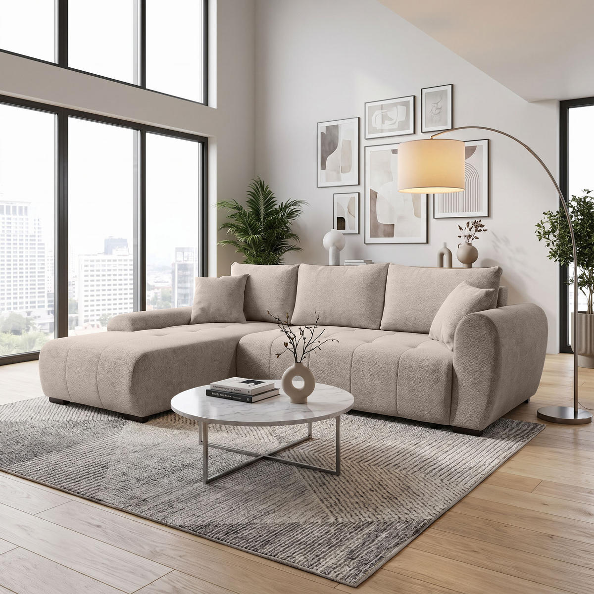 ECKSCHLAFSOFA Dallas mit Bettkasten, 255 cm, Beige, links, Velour-Stoff - Cappuccino, Textil (255/175cm) - Beautysofa