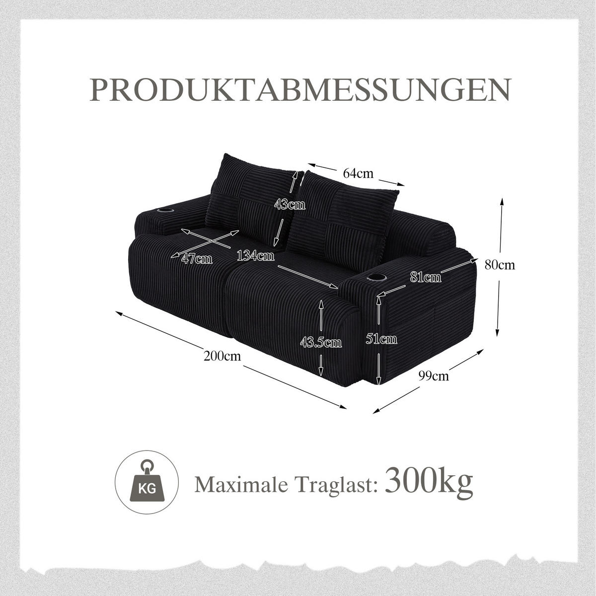 2-SITZER Cordsofa modular mit Getränkehalter und Seitentasche 200/99/80 cm Schwarz - Schwarz, Textil (99/80/200cm) - Redom