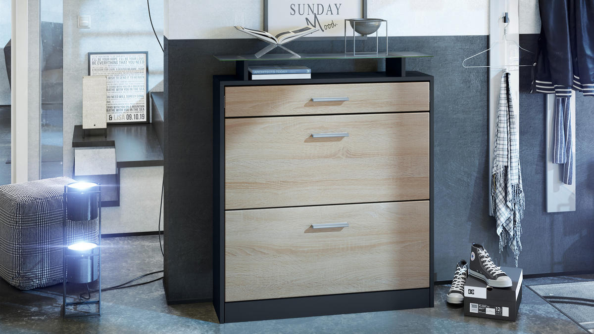 SCHUHSCHRANK Loret Front in Eiche sägerau - Eiche San Remo, Holzwerkstoff (89/104/23cm) - Vladon