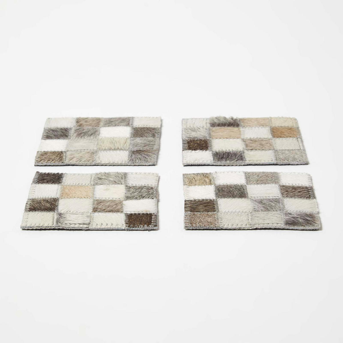 UNTERSETZER grau, 4er-Set mit Patchwork-Karo, Fell & Leder, 10/10 cm - Multicolor, Leder (10/10cm) - Homescapes