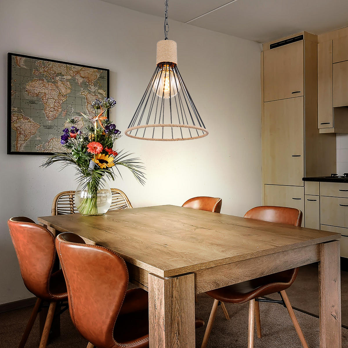 LED HÄNGELEUCHTE Hanfseil Schwarz - Schwarz, Metall (35/35/140cm) - Globo Lighting