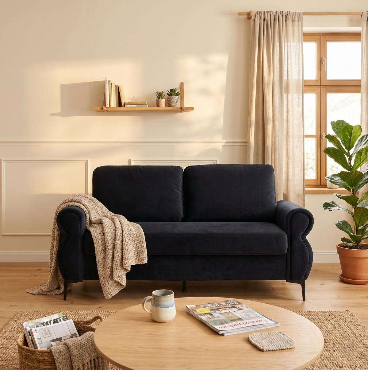 SOFA 2-Sitzer 173,5 cm Kurzflorstoff Schwarz - Schwarz, Holzwerkstoff (173.5/92/81cm) - Meubliv