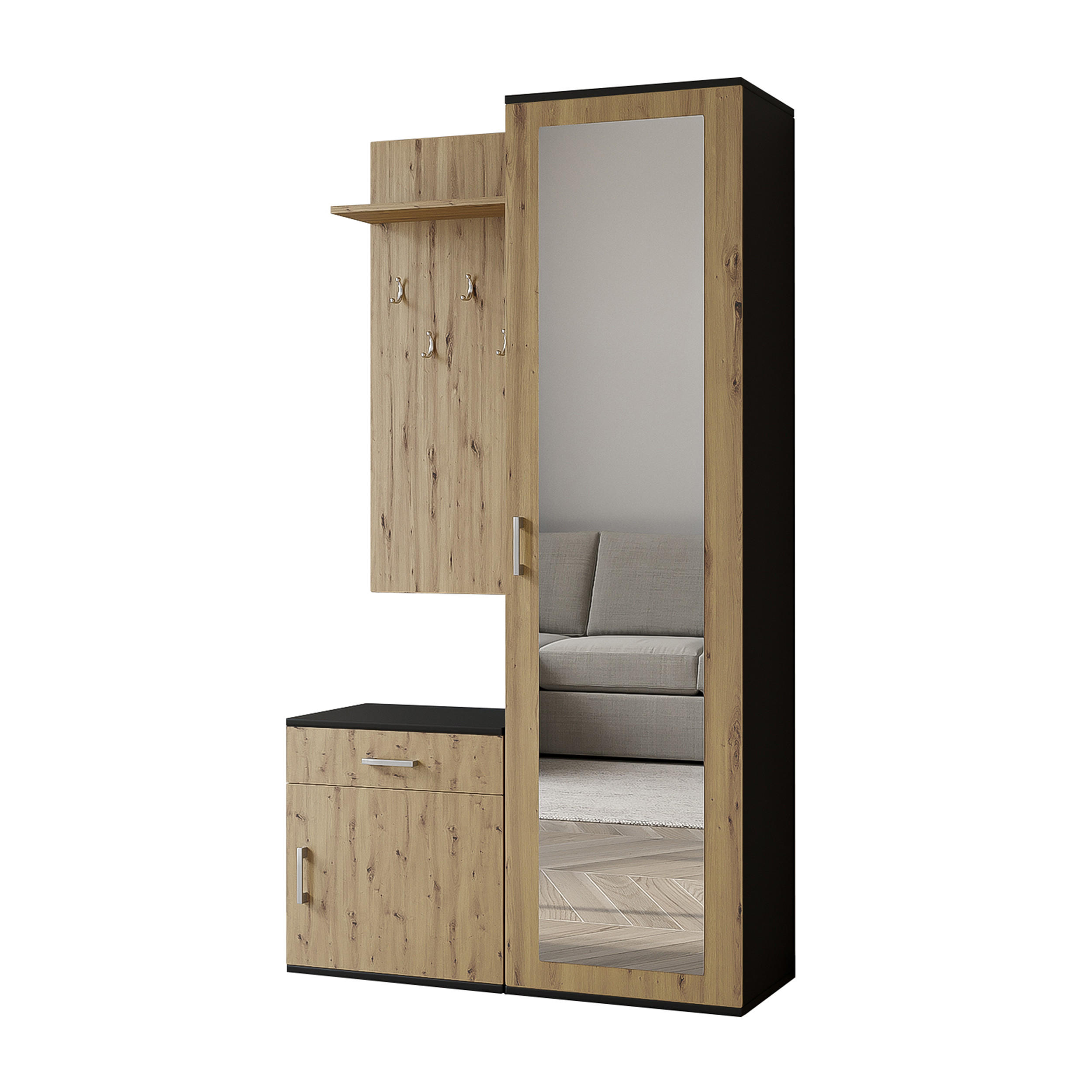 GARDEROBENSCHRANK Magnola Schwarz Artisan 100/180,5/35 cm – Modern, mit Spiegel und viel Stauraum - Hellbraun/Schwarz, Holzwerkstoff/Kunststoff (100/180.5/35cm) - AX Living
