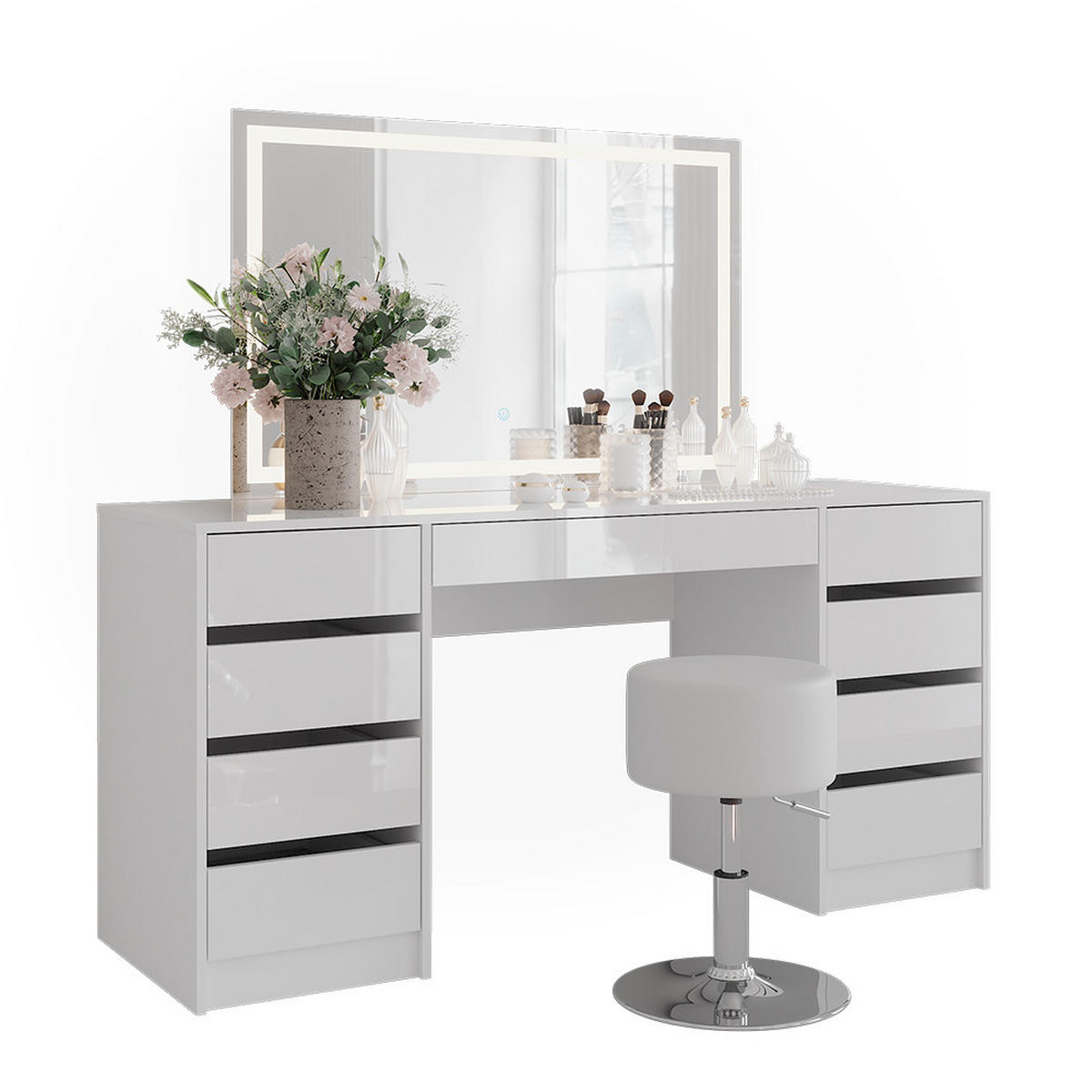 SCHMINKTISCH Sherry Weiß/Weiß Hochglanz 158.2 cm mit LED-Spiegel und Hocker - Weiß Hochglanz, Holzwerkstoff (158.2/76/50.1cm) - Vicco