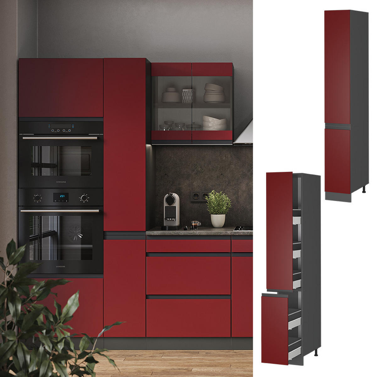 APOTHEKERSCHRANK R-Line Rot 30 cm J-Shape - Anthrazit/Rot, Holzwerkstoff (30/206.8/57.2cm) - Vicco