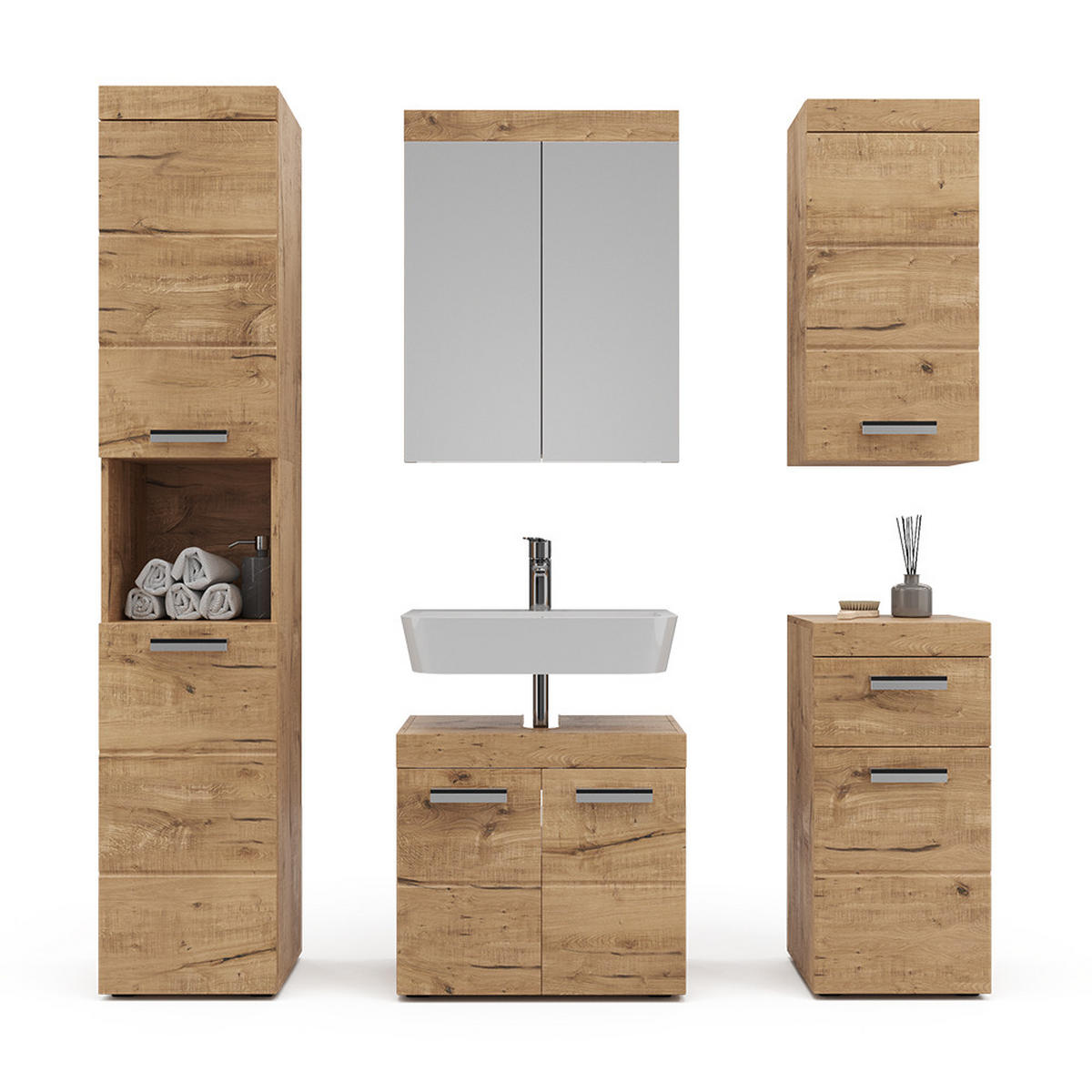 BADMÖBEL-SET Luna Eiche Wotan 5 Teile - Eiche Wotan, Holzwerkstoff (60/56/34cm) - Vicco