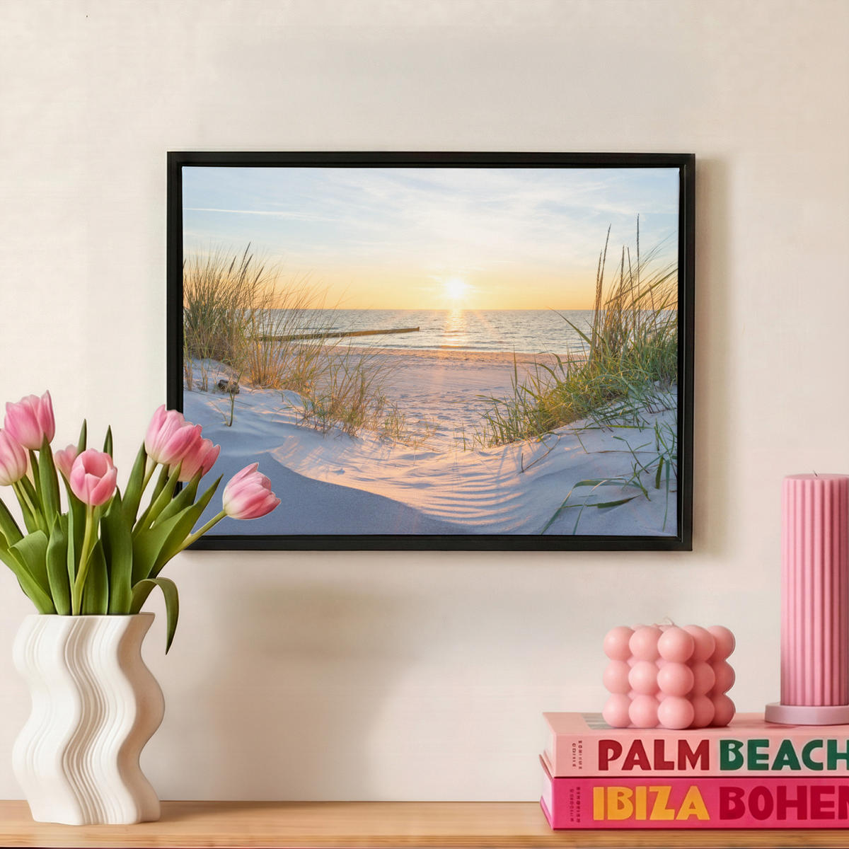 LEINWAND Bilder mit Rahmen - Strand - Sonne - Düne - Gras - Sand - Horizont - 40x30 - Hellblau, Textil (40/30cm) - MuchoWow