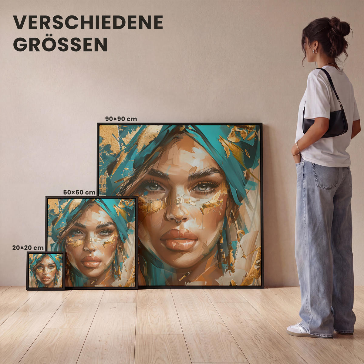 LEINWAND Bilder mit Rahmen - Frau - Porträt - Gold - Luxus - Blau - 50x50 - Türkis, Textil (50/50cm) - MuchoWow