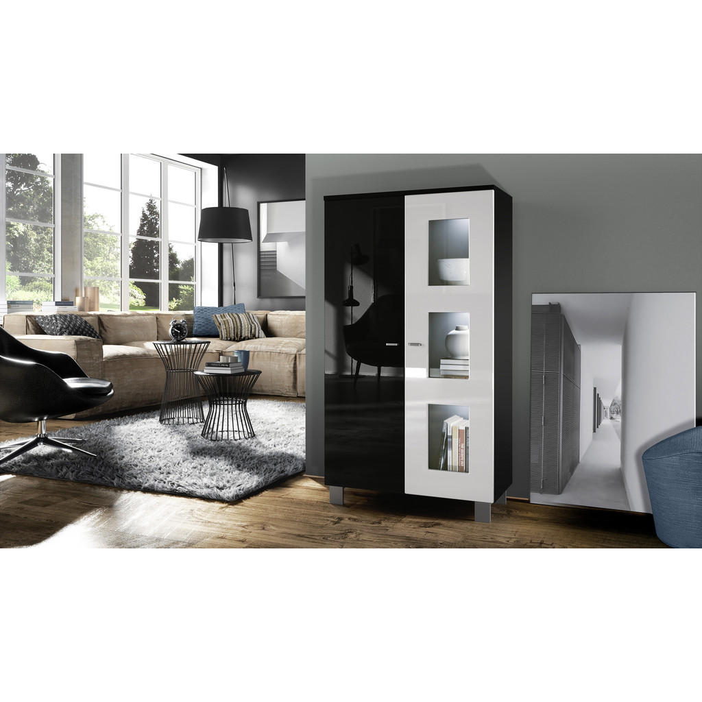 Thumbnail - Vladon Vitrine, Weiß Hochglanz, Holzwerkstoff, 71x129x35 cm, Wohnzimmer, Wohnwände, Vitrinenschränke