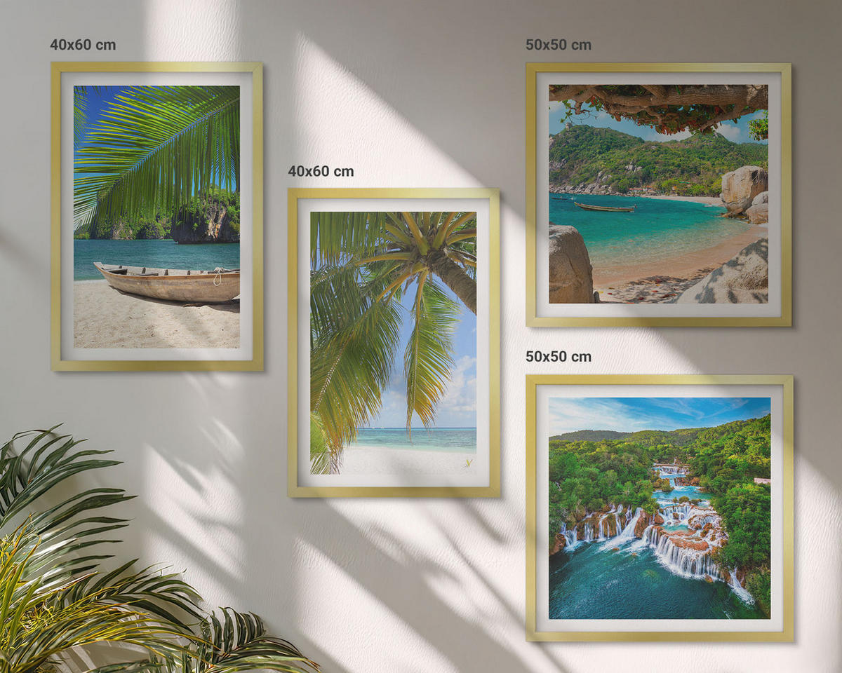 WANDBILDER 4er Set - 50x50 cm & 40x60 cm Goldrahmen - Strand, Boot, Wasserfälle, Palmen - Goldfarben, Kunststoff (50/50cm) - ArtPrintCave