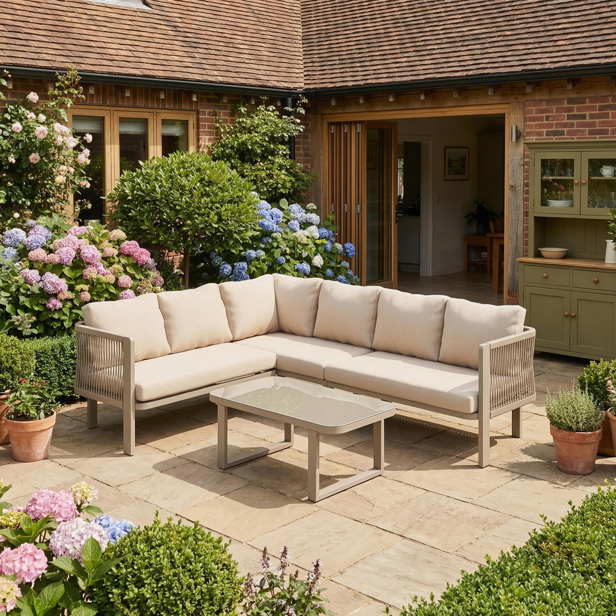 GARTENMÖBEL-SET 6 Personen Eckstellung Stahlrohr Glasplatte Khaki - Hellbraun, Textil - FLIEKS