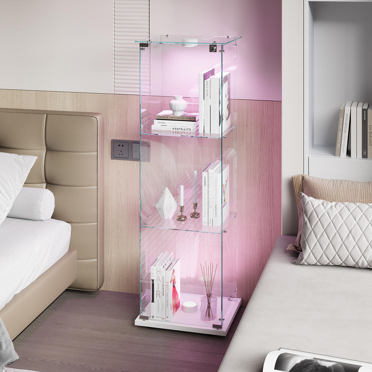GLASVITRINE Mit LED, 3 Regale, Schloss, Glas-Schrank Für Wohnzimmer - Weiß, Holz (35/123.3/39.8cm)