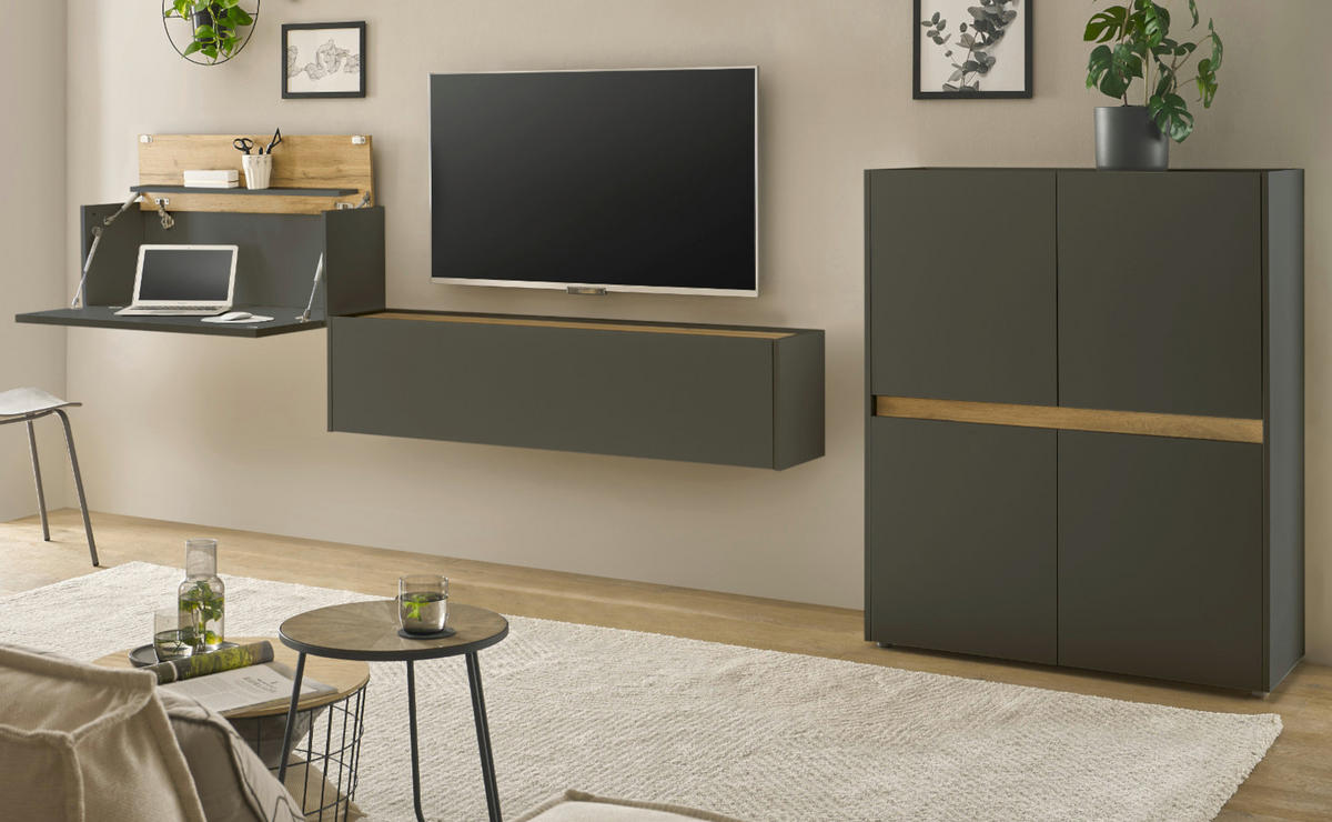 WOHNWAND 3-teilig grau matt, Eiche Wotan 370 cm, Schrankwand mit Sekretär - Eiche Wotan/Grau, Holzwerkstoff/Kunststoff (370/122/40cm) - Furn.Design