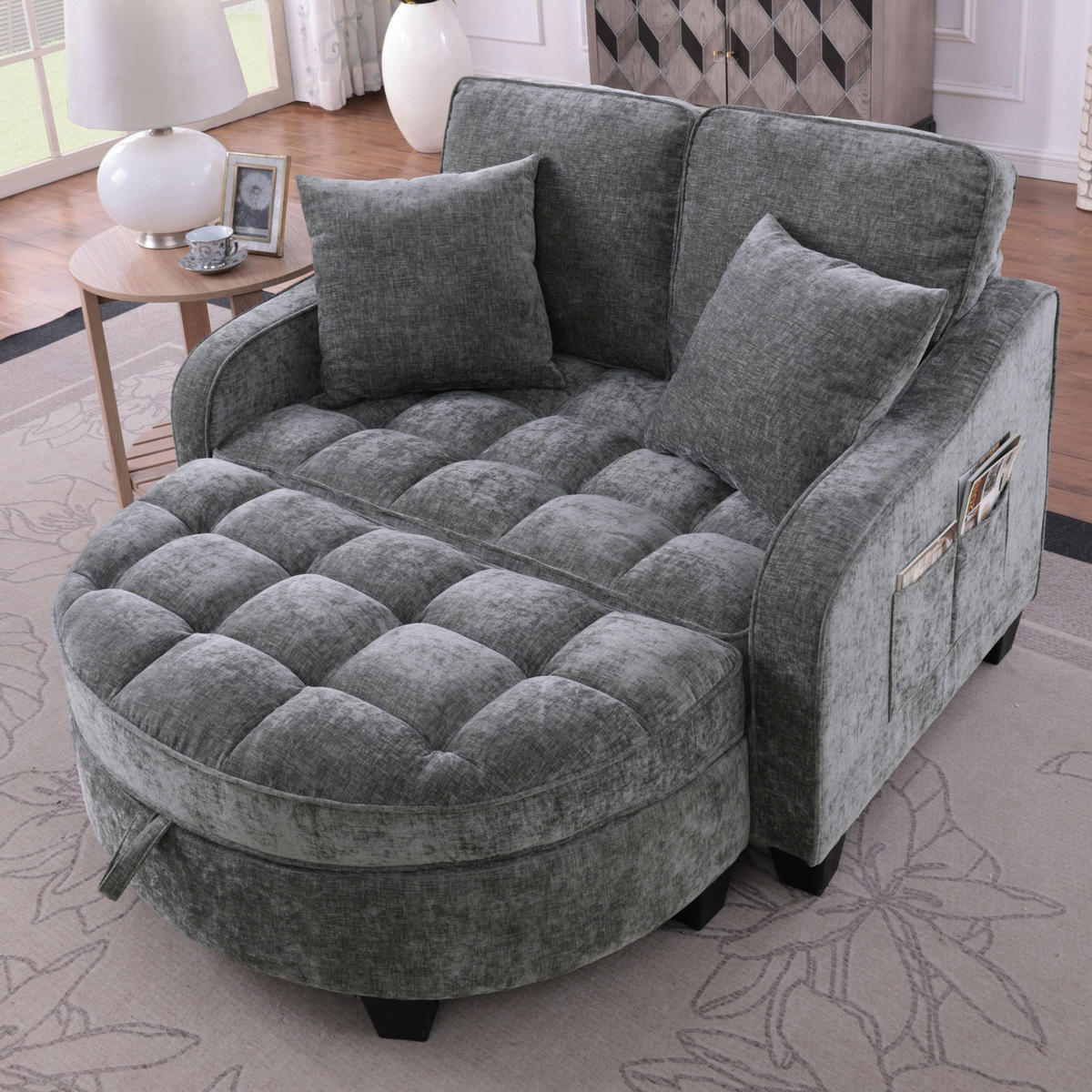 SCHLAFSOFA 2 in 1 Sofa mit Schlaffunktion, Hocker und Stauraum Stoffbezug Grau - Grau, Textil (129/93/132cm)