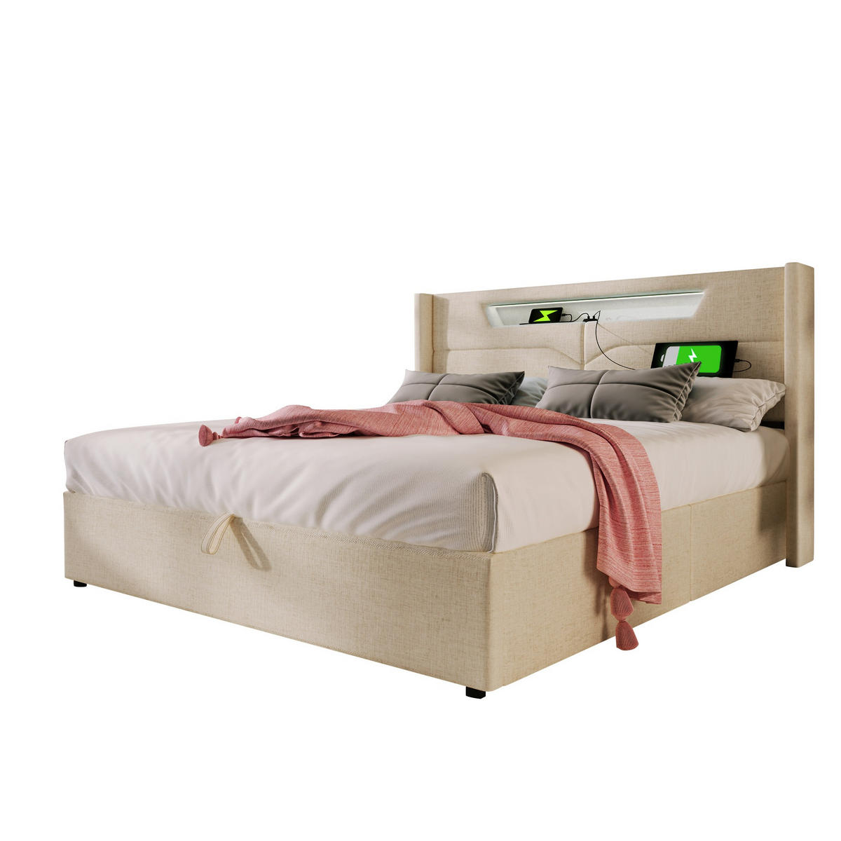 POLSTERBETT 140/200 cm Beige mit USB- und Type-C-Anschlüssen und LED-Beleuchtung - Beige, Textil (140/200cm) - OKWISH