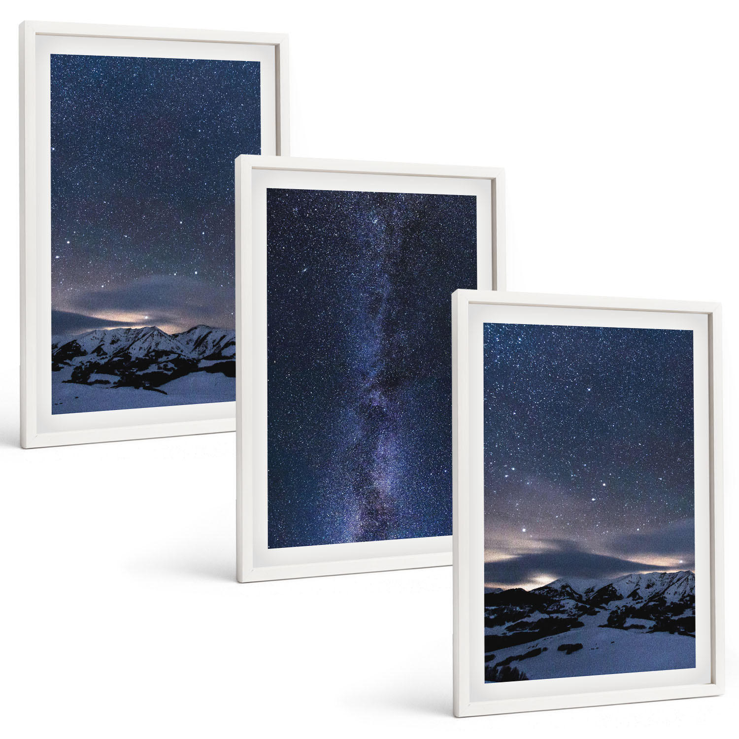 BILDER SET 3er Set - 40x60 cm Weißer Rahmen - Nachthimmel, Berge, Sterne - Weiß, Kunststoff (40/60cm) - TULUP