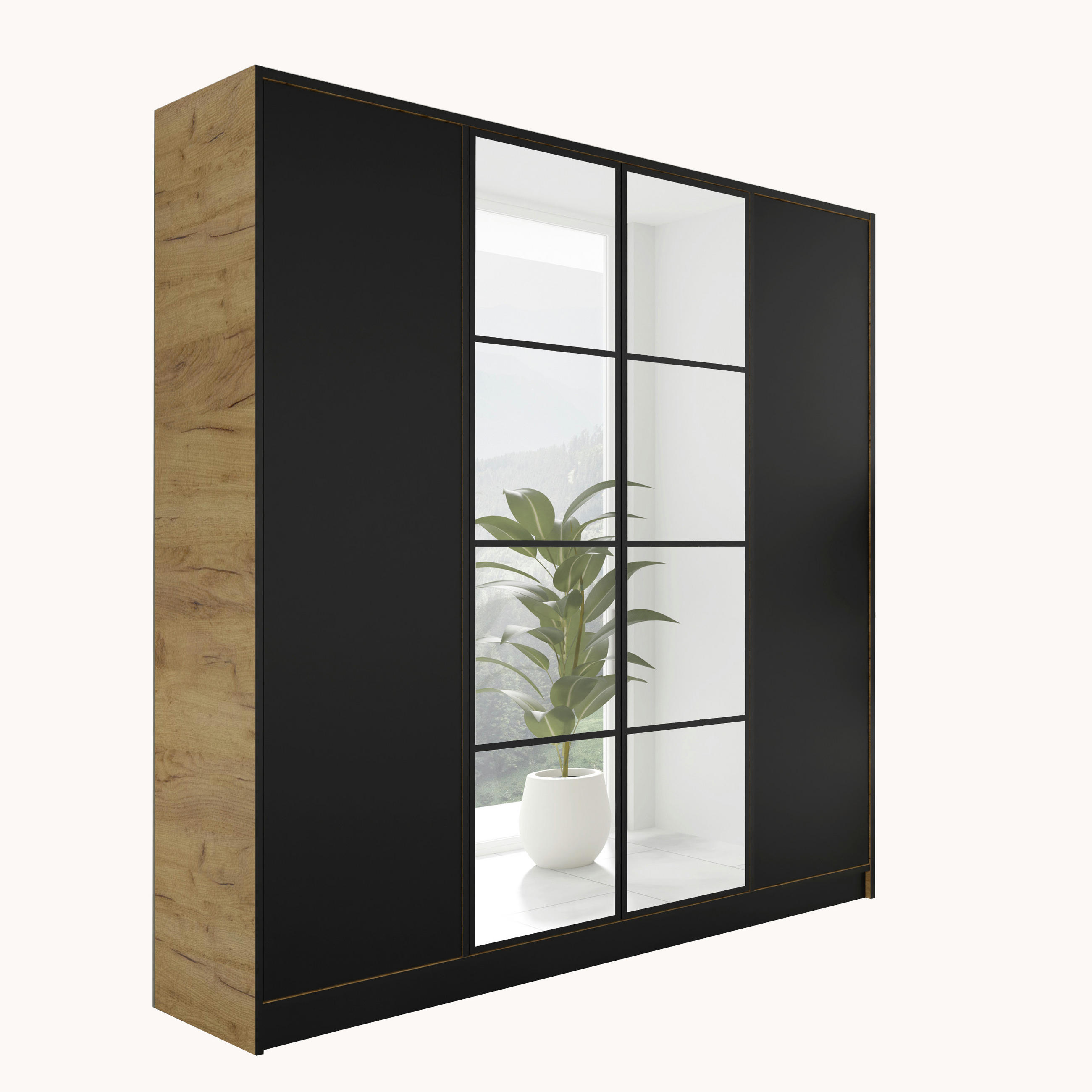 KLEIDERSCHRANK EDEN 4-Türen v4 - 206,4x205x39 cm - Craft Eiche, Schwarz - Honigeiche/Schwarz, Holzwerkstoff (206.4/205/39cm) - Kier Furniture