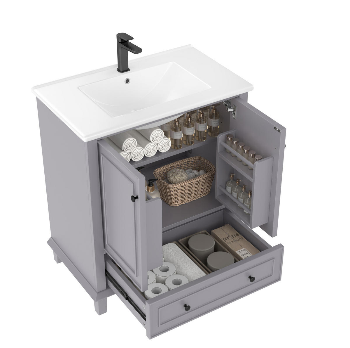 BADEZIMMERSCHRANK mit Keramikbecken 76x46x87 cm Grau - Grau, Holzwerkstoff (46/87/76cm) - Beauniv