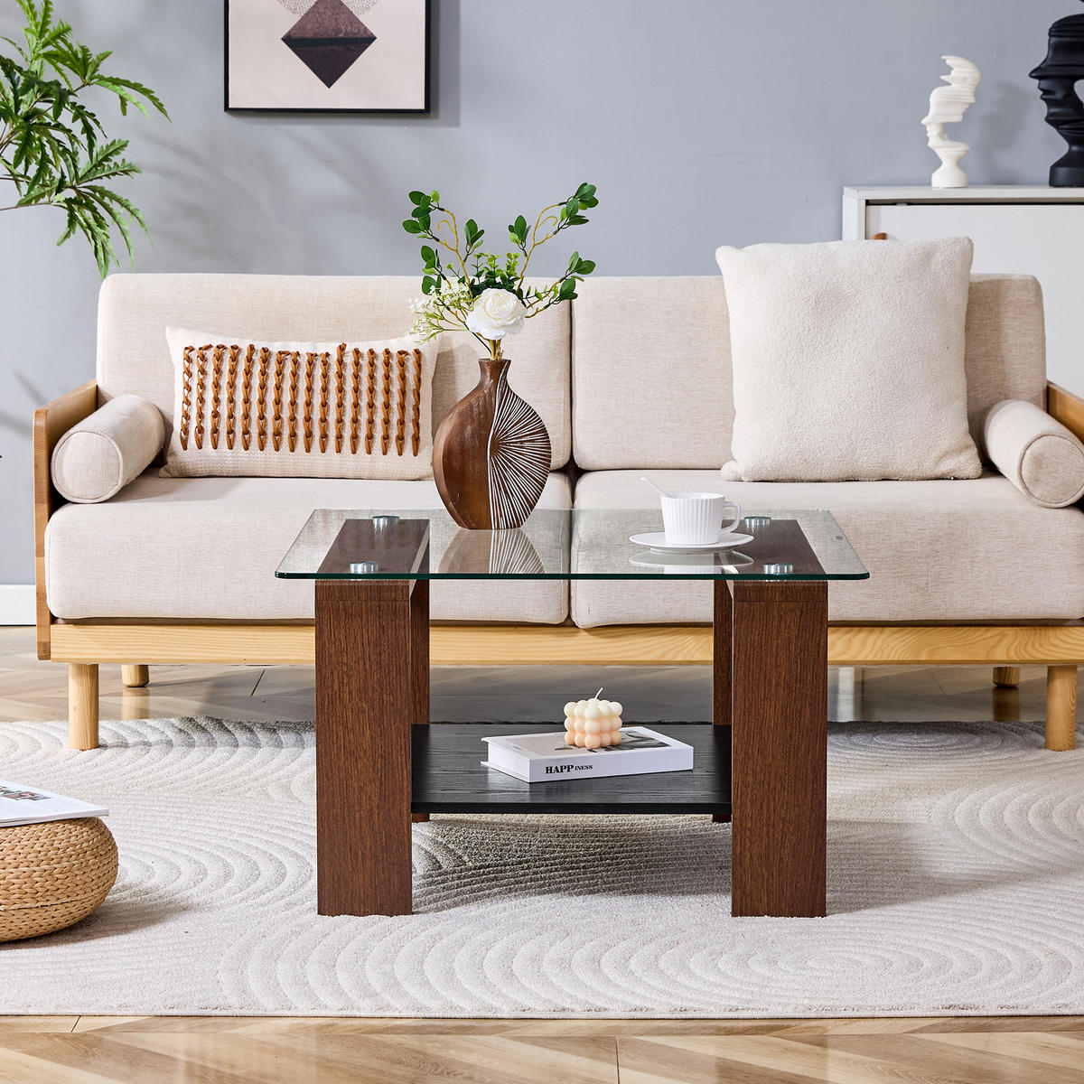 COUCHTISCH Walnuss 65/41/45,5 cm Mit Glasplatte - Walnussfarben, Holzwerkstoff (75/75/45.5cm) - PANGIVO