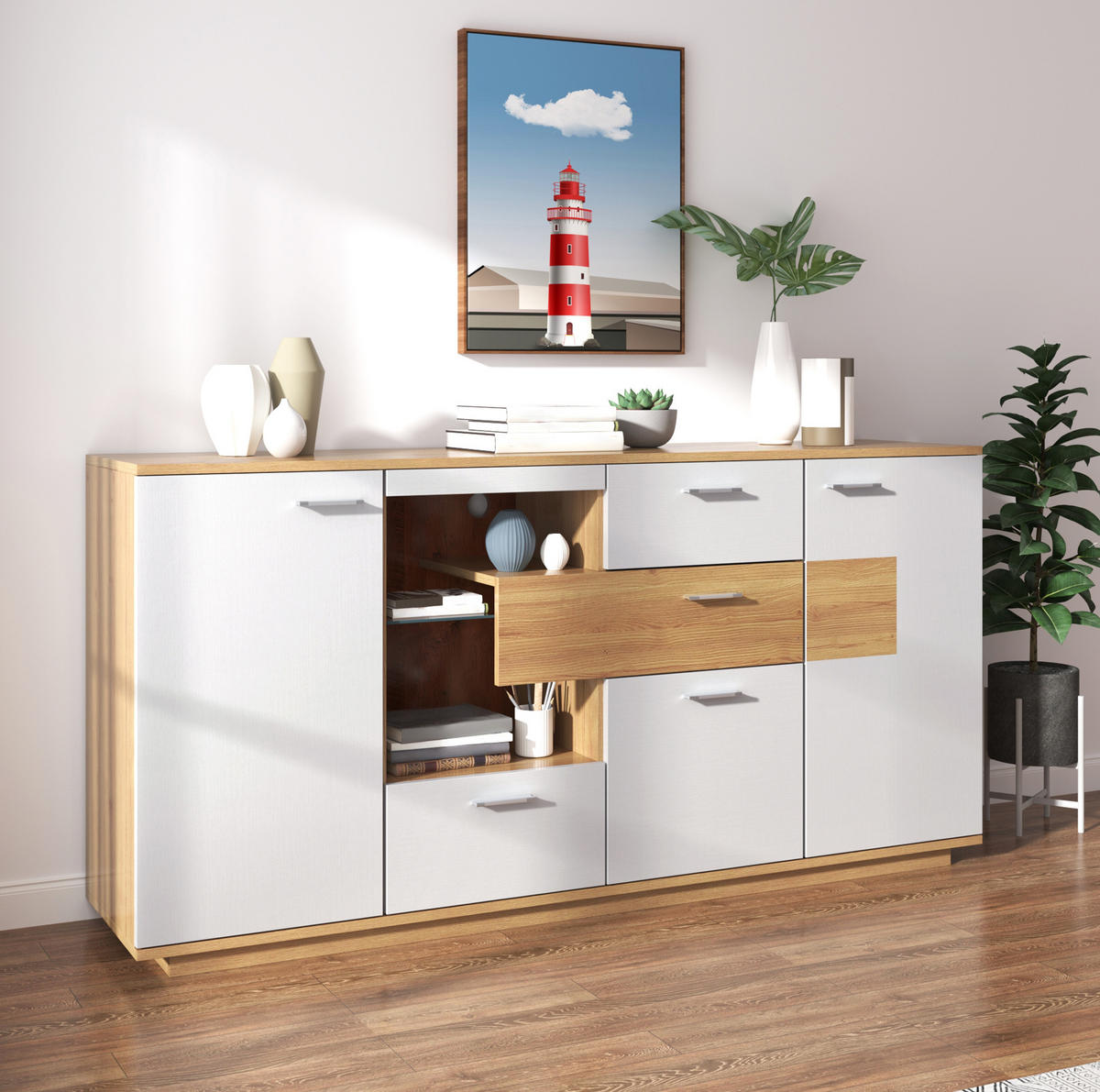 KOMMODE aus MDF 160x40x77cm in Natur mit LED-Beleuchtung - Naturfarben, Holzwerkstoff (160/77/40cm) - Modfu