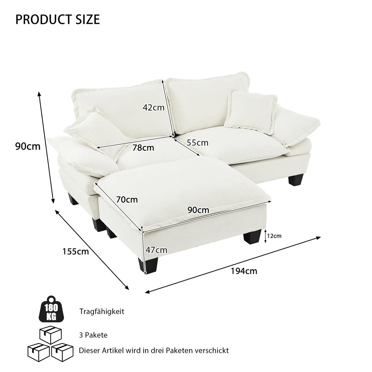 ECKSOFA aus Chenille 194x155x90 cm in Beige mit Ottomanen-Modul - Beige, Textil (155/90/194cm) - Modfu