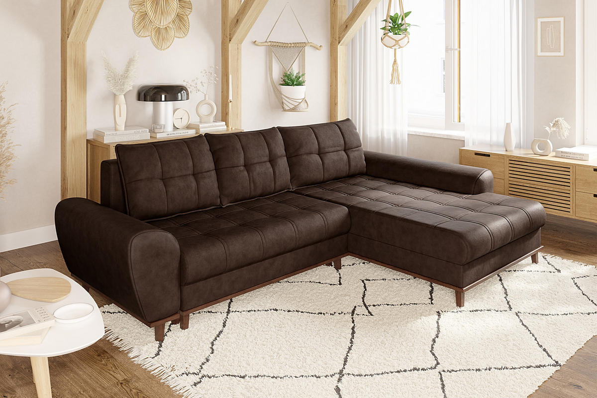 ECKSOFA im Scandi-Stil, Schlaffunktion, Bettkasten B268/T175/H86 cm, Ottomane rechts, Liegefl. 128x209 cm, Mikrofaserstoff in Vintage Braun / 21017 - Eichefarben/Braun, Holz/Textil (268/175cm) - luma-home