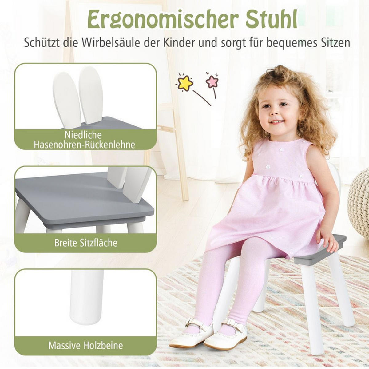 KINDERTISCH mit 2 Stühlen grau(3-tlg) - Grau, Holzwerkstoff (62/43/62cm) - COSTWAY