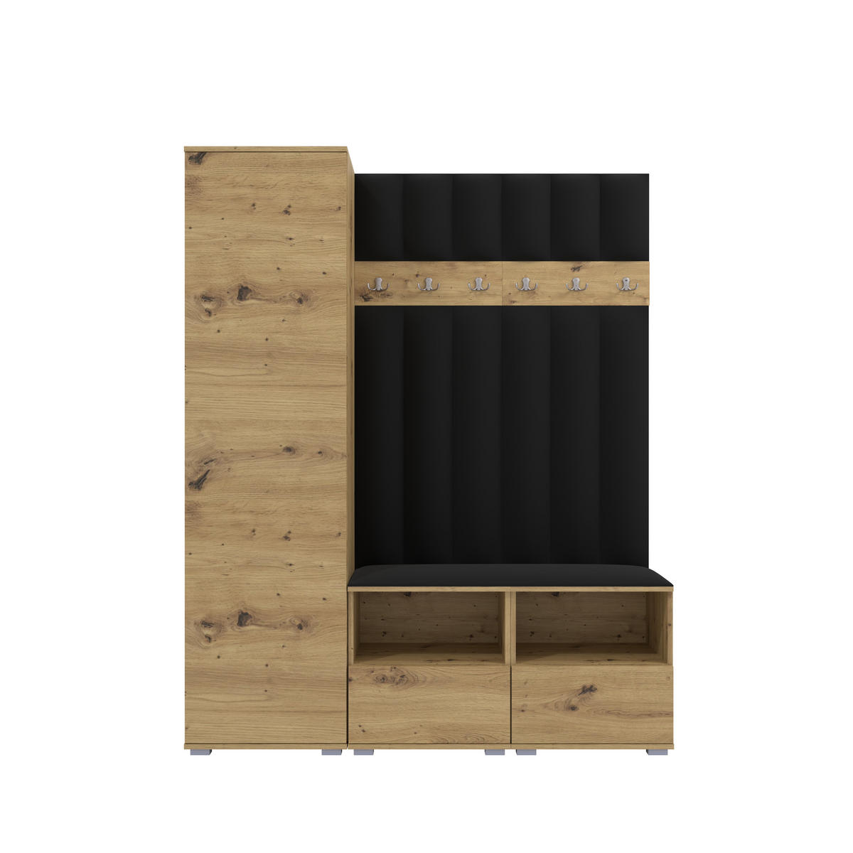 GEPOLSTERT Garderoben-Set Nela II LUX (Farbe Eiche Artisan + Stoff Trinity 16) - Silberfarben/Schwarz, Holz/Holzwerkstoff (150/187/40cm) - Ravio