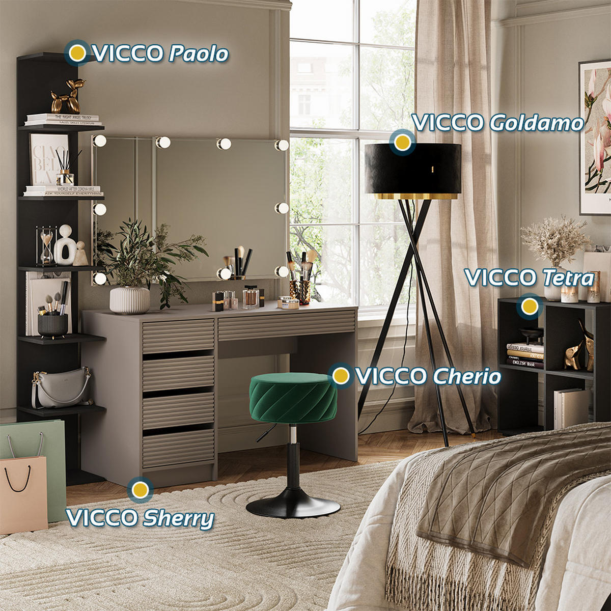 SCHMINKTISCH Sherry Cashmere 120 cm mit Spiegel & Hocker - Kaschmir, Holzwerkstoff (120/75/55cm) - Vicco