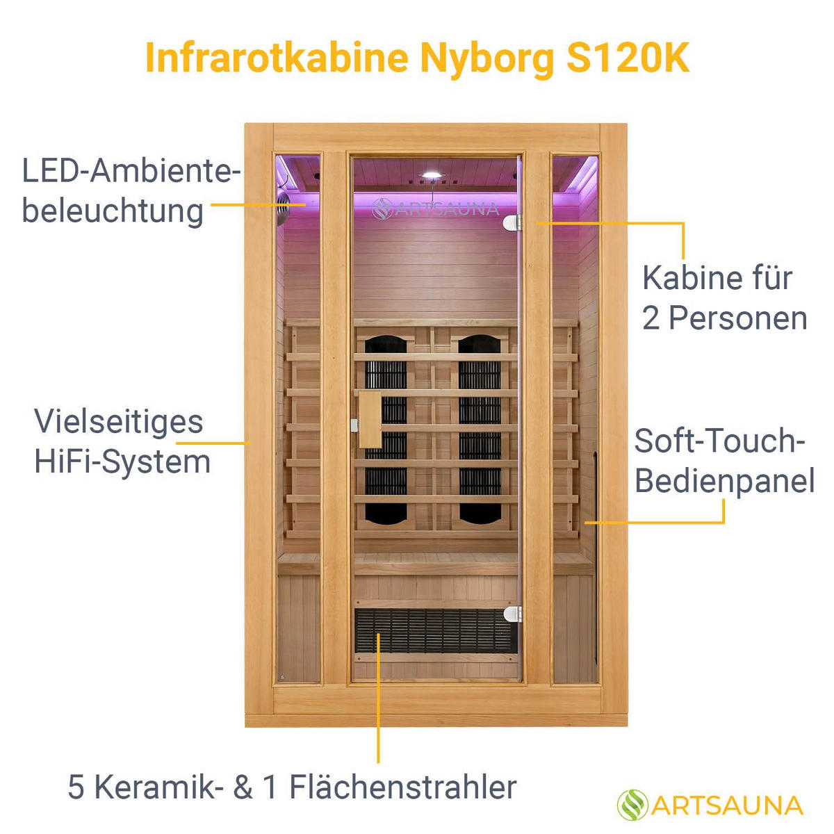 INFRAROTKABINE Nyborg S120K mit Keramik-, Flächenstrahler & Hemlockholz - Naturfarben, Holz (120/190/105cm) - Artsauna