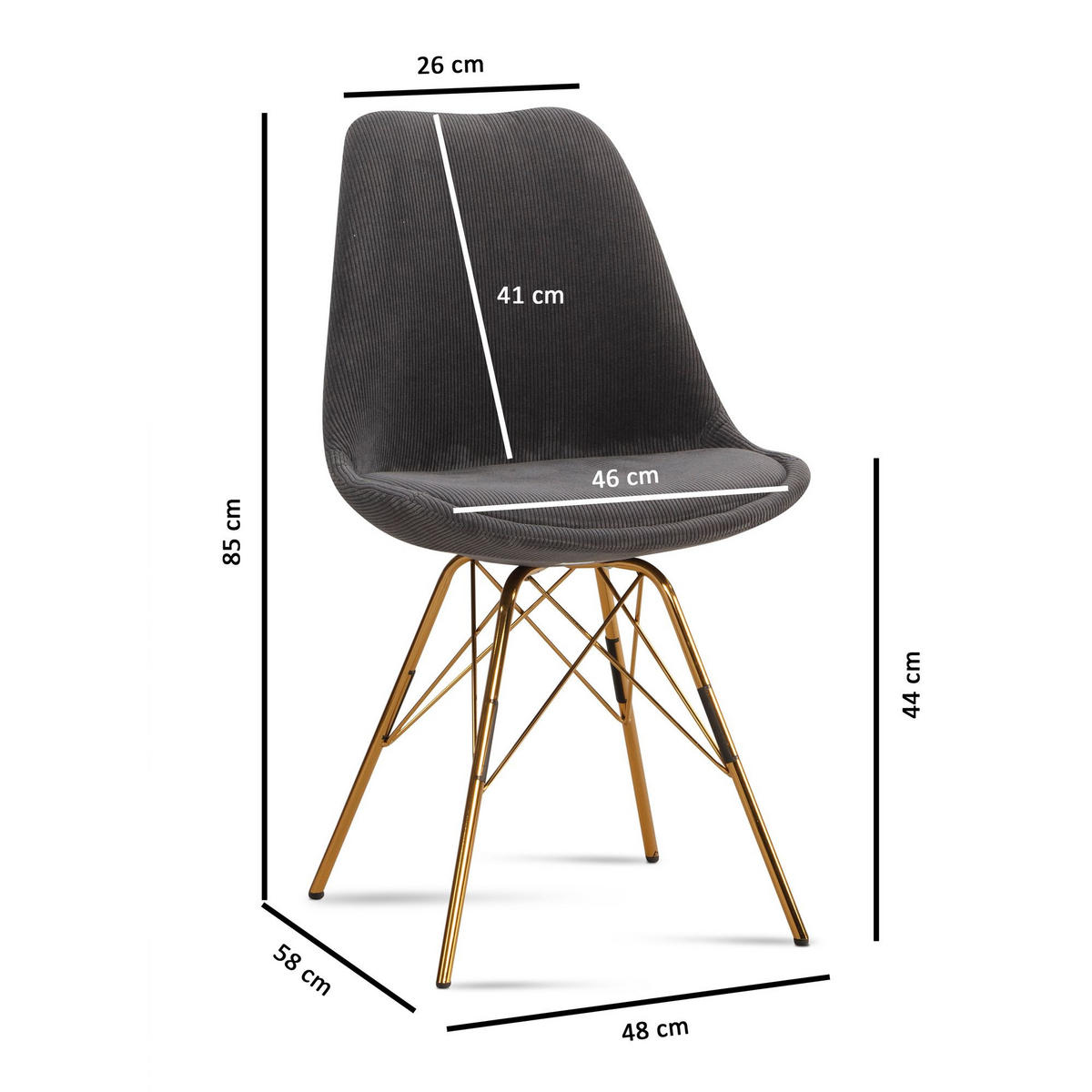 ESSZIMMERSTUHL 2er Set Cordstoff mit Metallgestell Schalenform Skandinavisch gepolstert, Anthrazit 48x58x85 cm - Anthrazit/Goldfarben, Textil/Metall (48/85/58cm) - KADIMA DESIGN