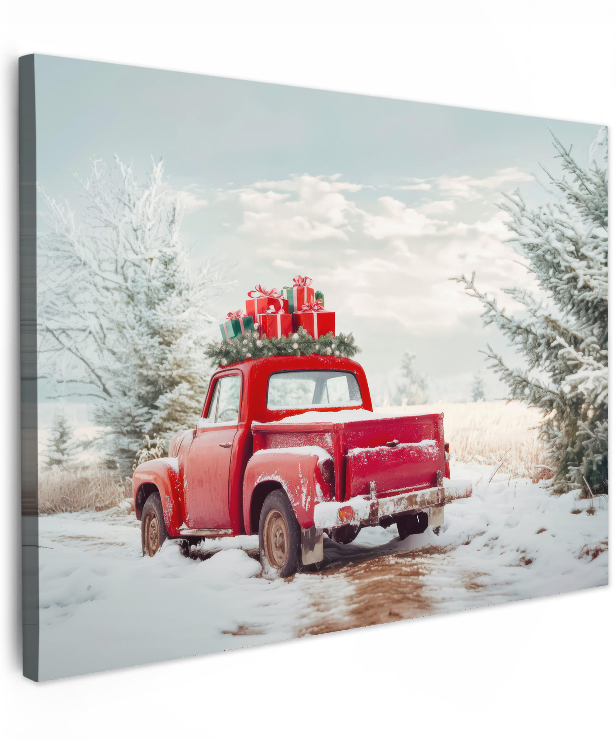 LEINWANDBILD Auto - Rot - Geschenke - Winter - Schnee - Weihnachten 40x30 cm - Rot, Textil (40/30cm) - MuchoWow